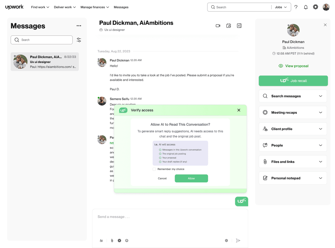 UPXL Chat Assist inside Upwork messages