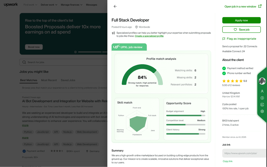 UPXL job review overlay on Upwork job post