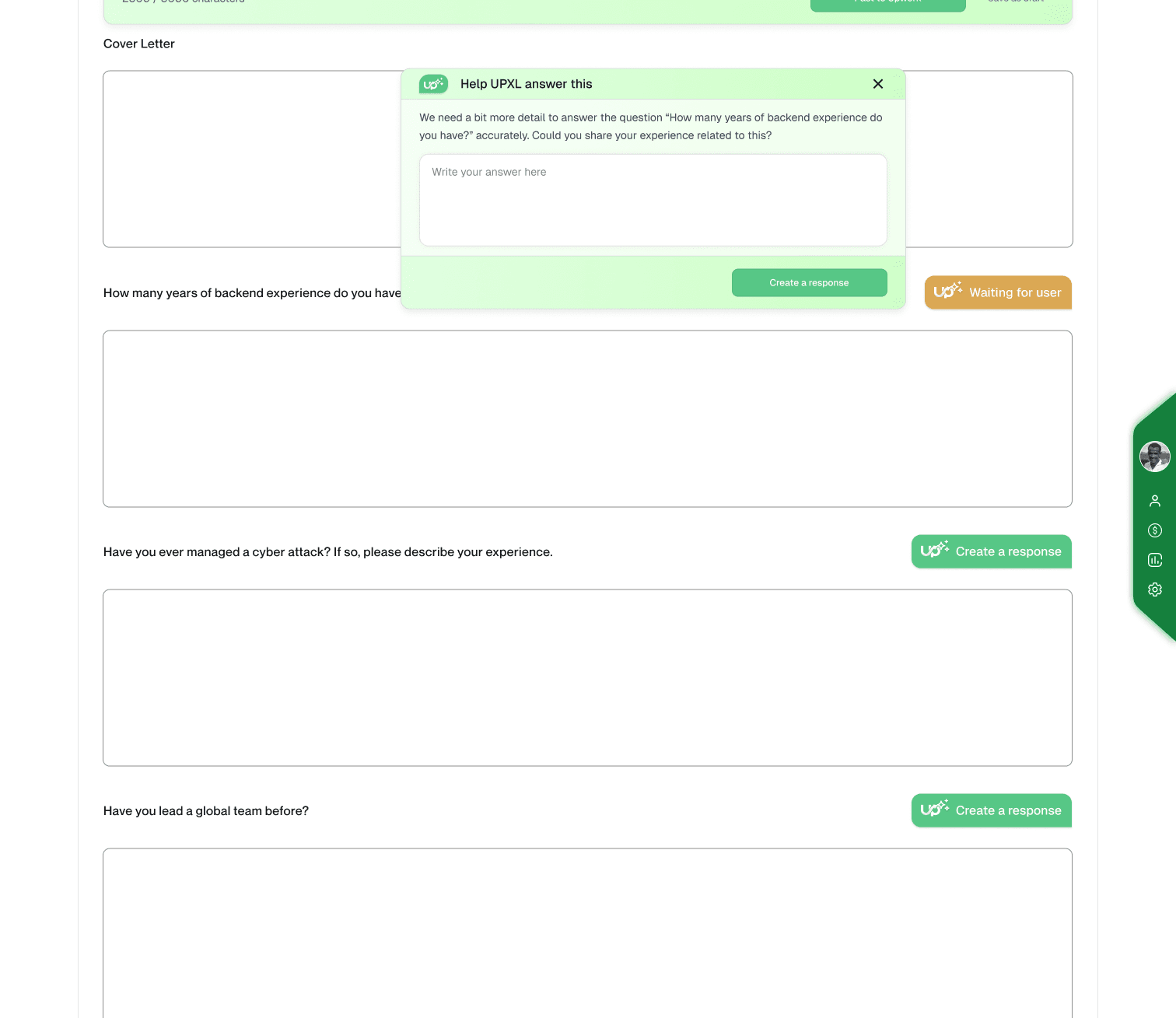 UPXL screening question assist — AI responses for client questions